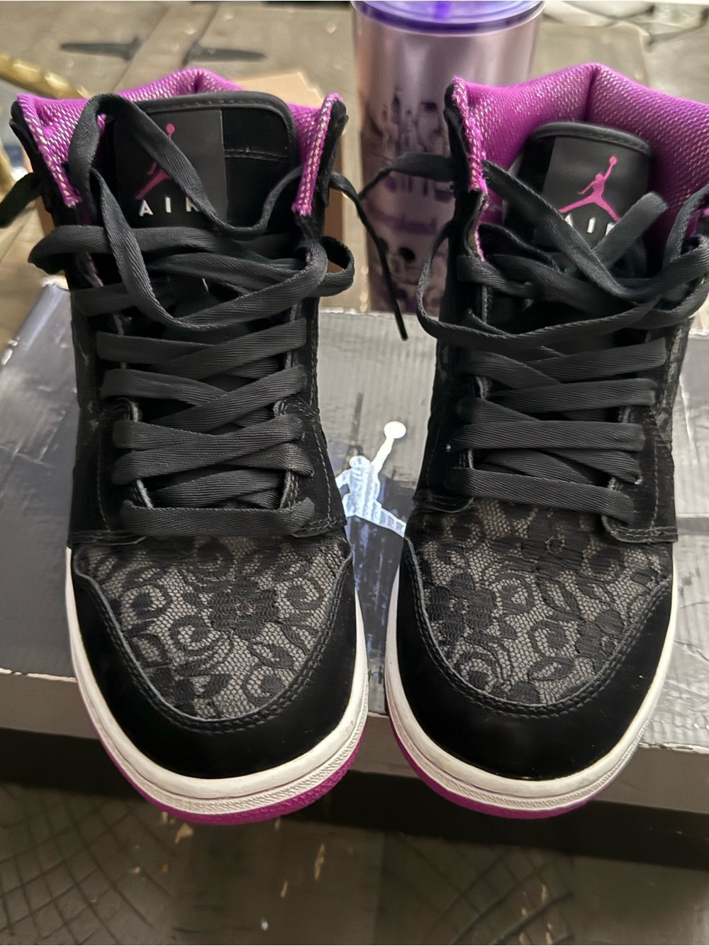 Jordan Kids Black and Purple High-Top Lace-Pattern Sneakers